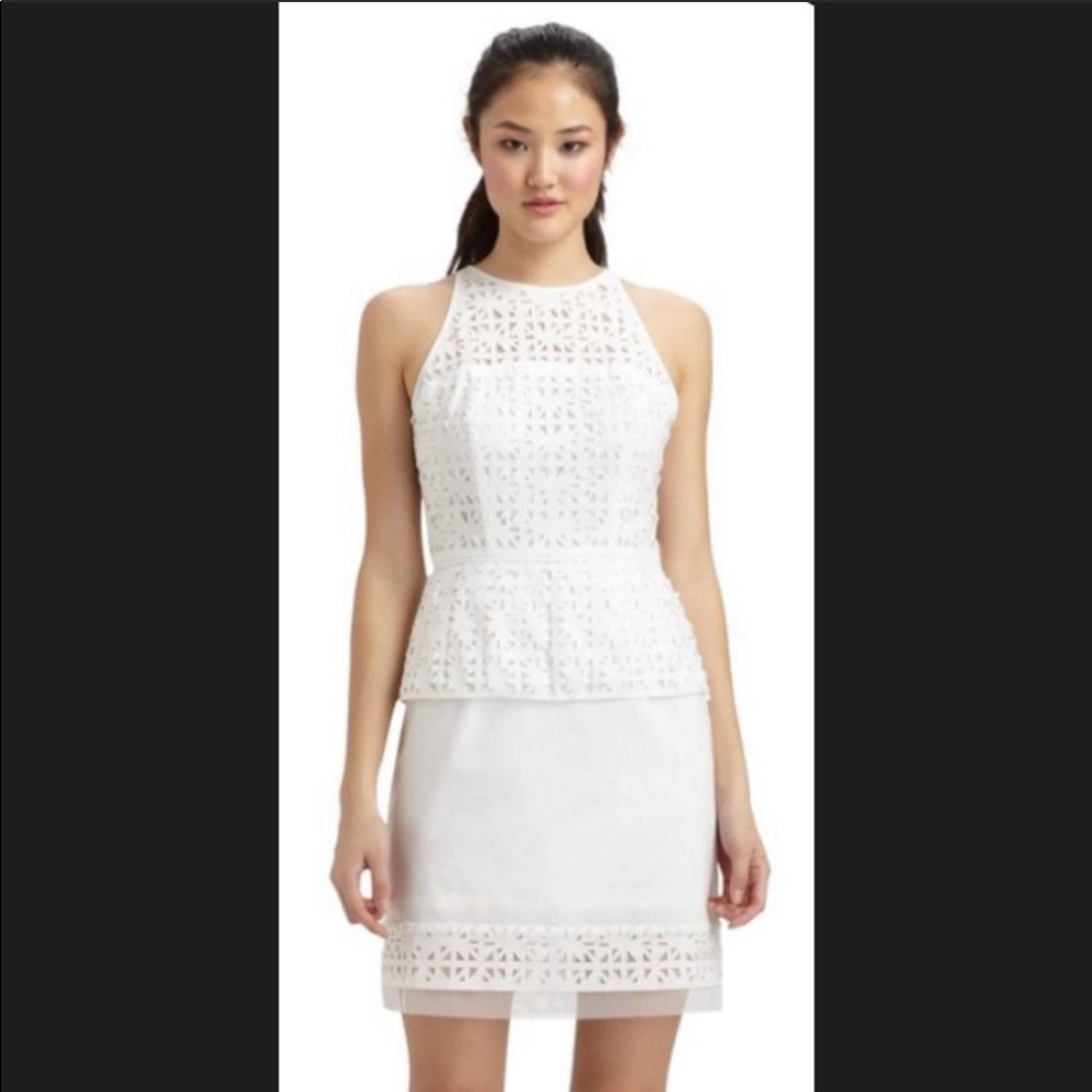 Milly White Laser Cut Peplum Cocktail Dress